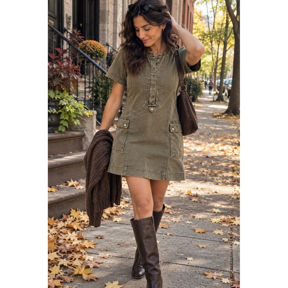Banana Republic Petite Utility Shift Dress Olive Green Cotton Cargo 4P